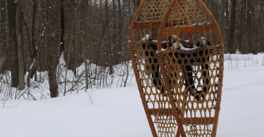 traditional snowshoes standing up in deep snow