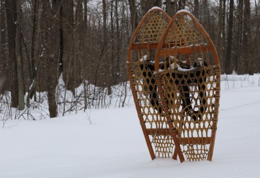 traditional snowshoes standing up in deep snow