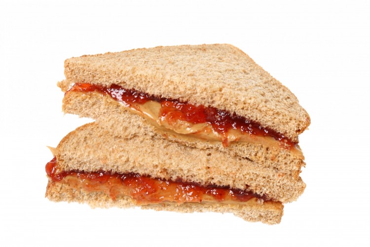 snowshoeing snacks: peanut butter and jelly sandwich