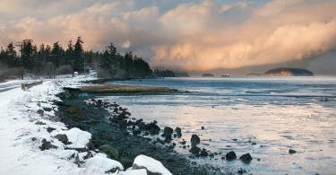 sunset and snow on San Juan Island, Washington