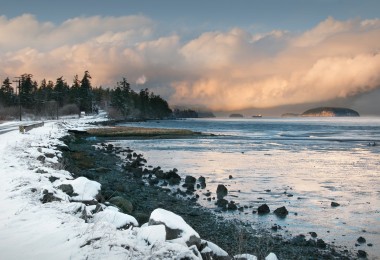sunset and snow on San Juan Island, Washington