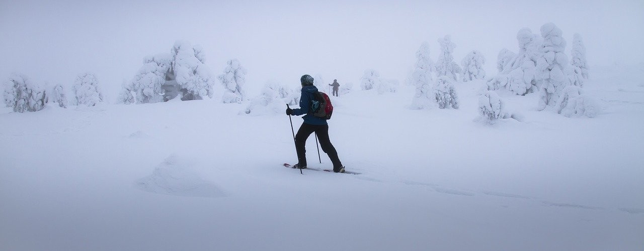 person snowshoeing with poles in snowy conditions