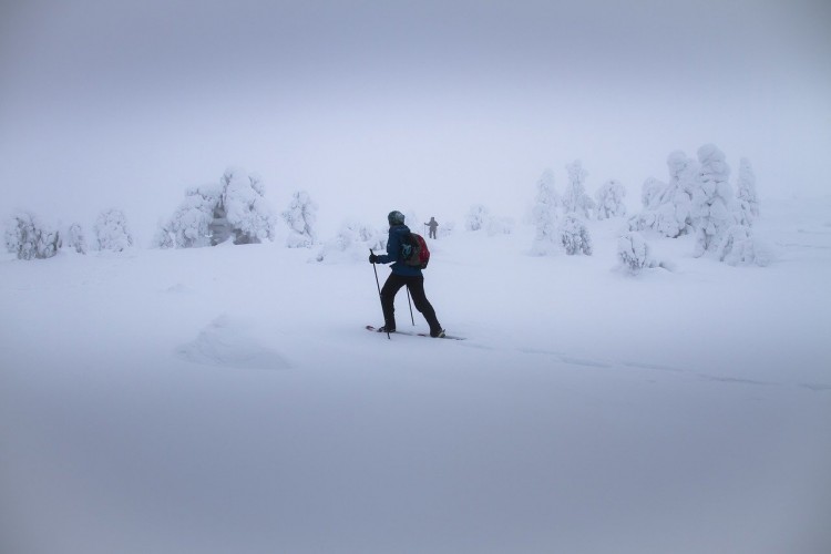 person snowshoeing with poles in snowy conditions