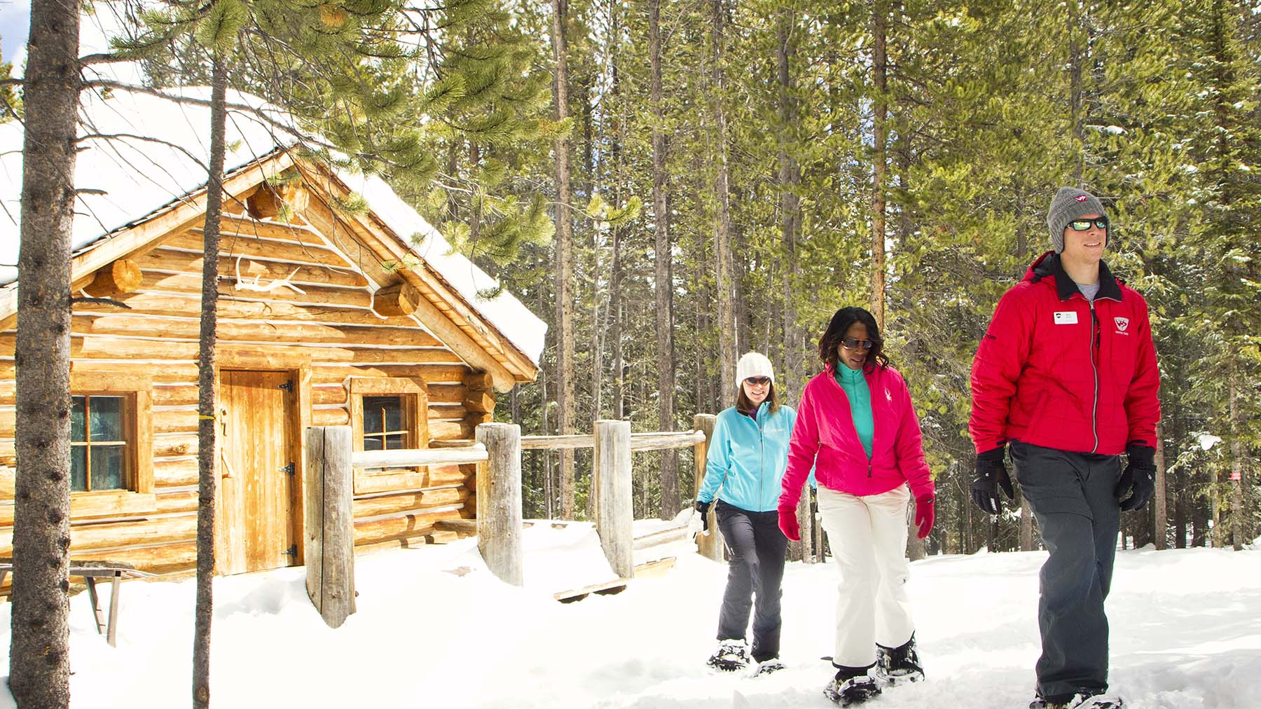 snowshoers in front of lodge at Winter Park Resort, CO