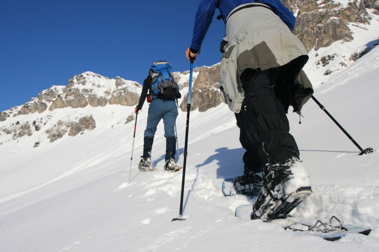 two people walking on snowshoes with poles through snow.