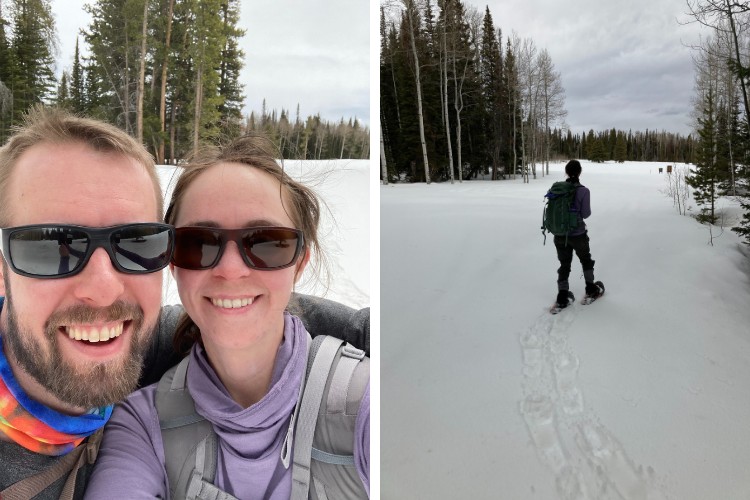 side by side - left: selfie of authors, right: woman snowshoeing toward open vista