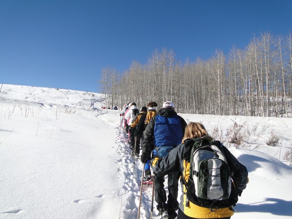 Large group of snowshoe hikers