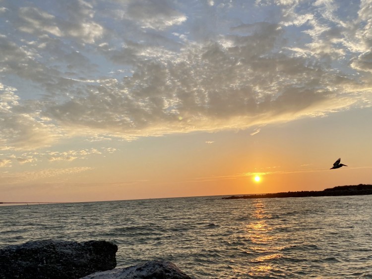 sunset over the water with clouds above