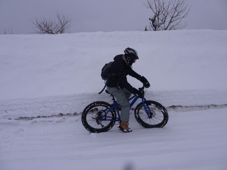 Aomori snow activities: person on a snow bike in a snowstorm