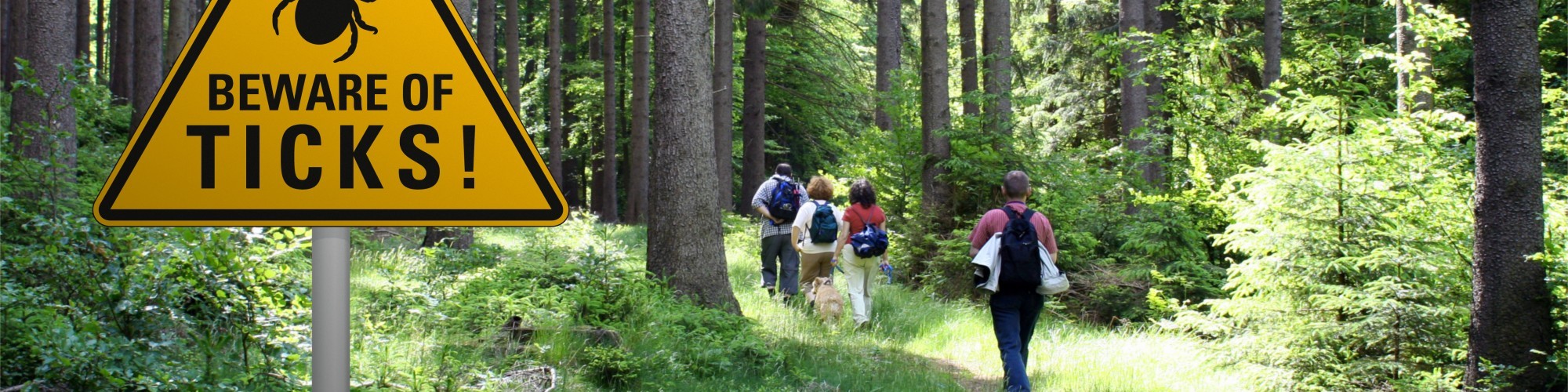 sign warning of ticks in grassy area with hikers in background
