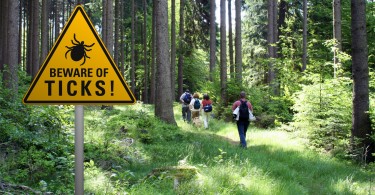 sign warning of ticks in grassy area with hikers in background