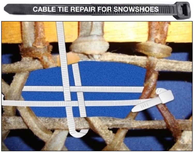 illustration of how to use zip ties to repair wooden snowshoes