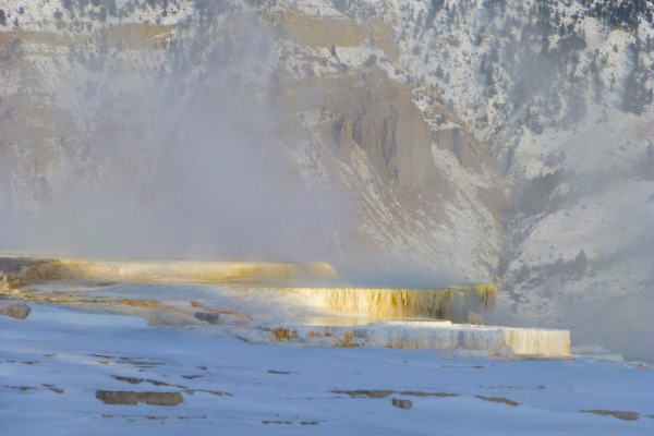 sunlight hitting travertine terraces