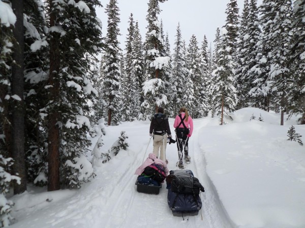 Nicole and Delaney pull two of three sleds in our expedition party.