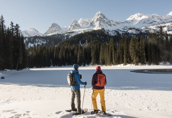 Island Lake Lodge, snowshoers posing, British Columbia