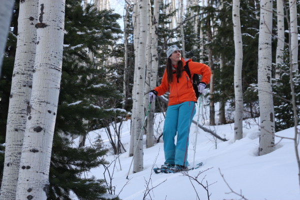 White Pine Touring snowshoe guide, Victoria Ritzinger, breaks trail in between switchbacks on Rob's Trail in Park City, Utah. Photo by Kim Fuller