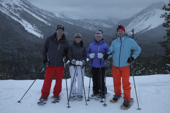 Snowshoers posing on snowshoe tour at Castle Mountain Resort, Alberta